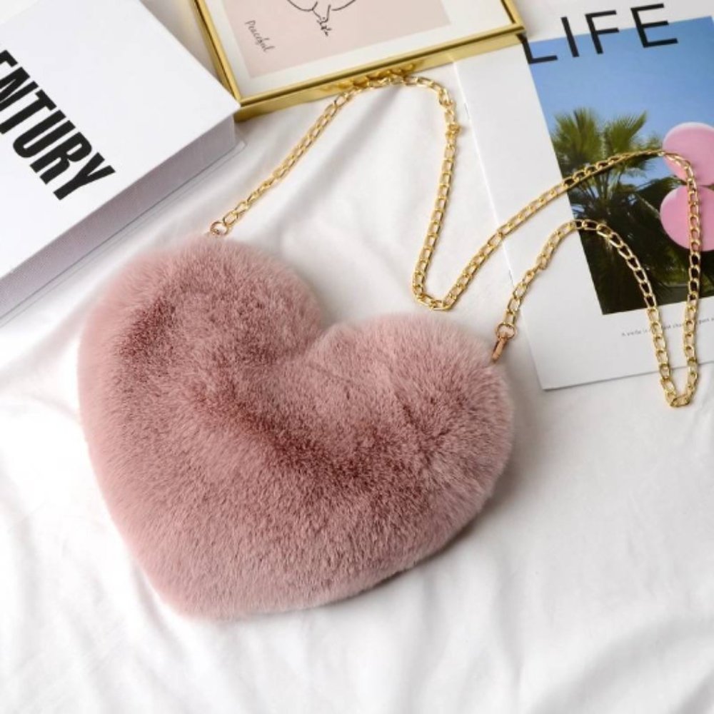 Mauve Cute Faux Fur Heart Purse Kawaii Bag PLush